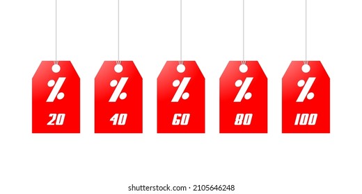 Red labels with  percent sign and numbers, discount sign