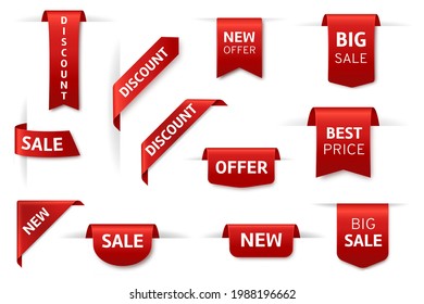 Red labels ribbon. Realistic stickers of new offer and best price. Big sale or discount silk scarlet promotional event banners. Bright bookmarks with lettering. Vector promo tags set