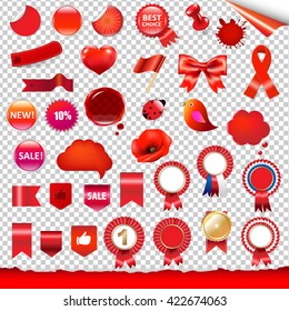 Red Labels And Symbols Set, Isolated on Transparent Background, With Gradient Mesh, Vector Illustration