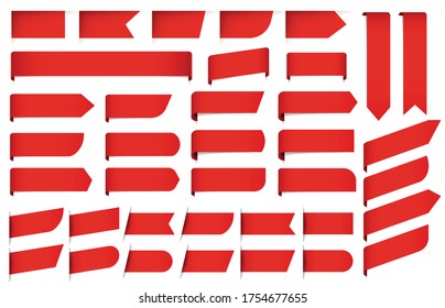 Etiquetas y etiquetas rojas aisladas en fondo blanco. Cintas para venta o descuento de varias formas y formularios para texto. Banners para publicidad y promoción. Elemento para ilustración vectorial de decoración.