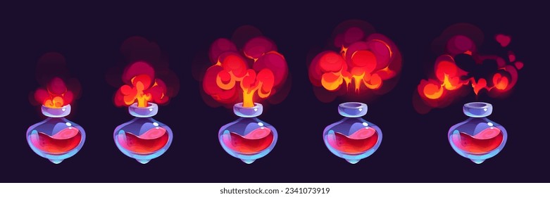 Animación del ícono de la poción del juego de laboratorio rojo con humo de fuego. Diseño aislado de secuencia de sprite Ui con evaporación mágica de veneno químico de amor. Antídoto de fantasía o colección de hojas de activos de elixir prop.