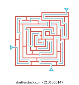 Red labyrinth game scheme with three exits and marked ways flat vector illustration