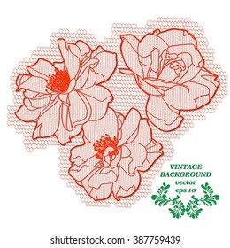 Red lace design background, element ornamental flowers. Floral  illustration lacy roses, vector