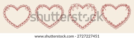 Red lace heart frames set with floral and bow details hand drawn romantic valentine decorative outline illustration on beige background