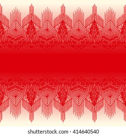 Red lace, seamless bright red lace background. Floral seamless pattern with a fringe border knitted or woven macrame in boho style