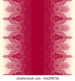 Red lace, seamless bright red lace background. Floral seamless pattern with a fringe border knitted or woven macrame in boho style