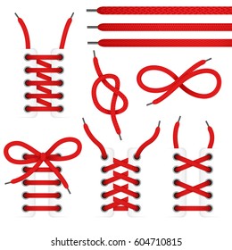 Red lace shoes icon set with tied and untied shoelaces isolated on white background vector illustration