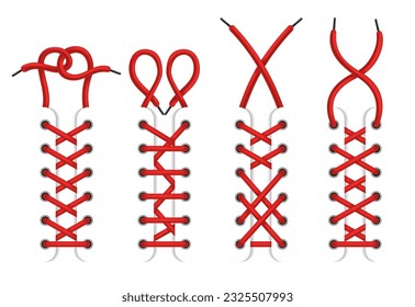 Red lace shoes. Schemes of tying shoelaces. Icon set with tied and untied shoelaces isolated on white background. Lace different options, how to lace up shoes svg