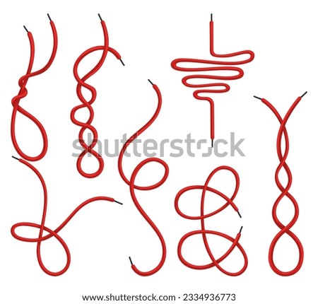 Red lace shoes. Schemes of tying shoelaces. Icon set with tied and untied shoelaces isolated on white background. Lace different options, how to lace up shoes 商業照片 © 