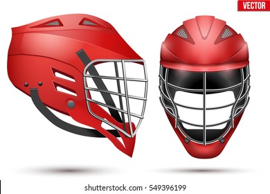 Red Lacrosse Helmet Set. Front and Side View. Sport goods and equipment. Vector Illustration isolated on white background.