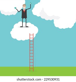 Red ladder from cloud with businessman and money