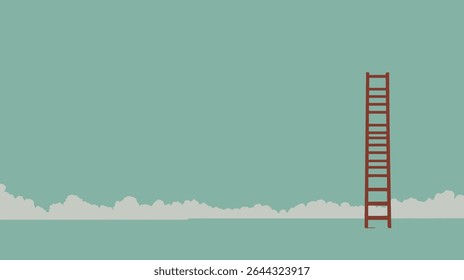 Red ladder extends upward above clouds in minimalistic landscape concept