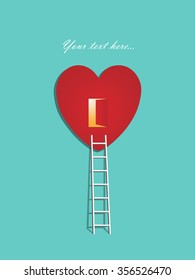 Red ladder leading to a heart, love concept illustration on turquoise background, copy space