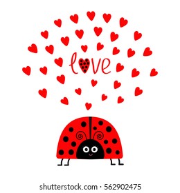 Red lady bug insect with hearts. Cute cartoon smiling face character. Word Love Greeting card. Happy Valentines Day. White background. Flat design. Vector illustration