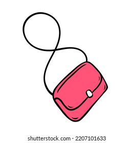 Red lady handbag. Leather women bag with a belt. Beautiful modern accessory. Elegant style. Fashion and beauty. Cartoon vector art illustration isolated on white background