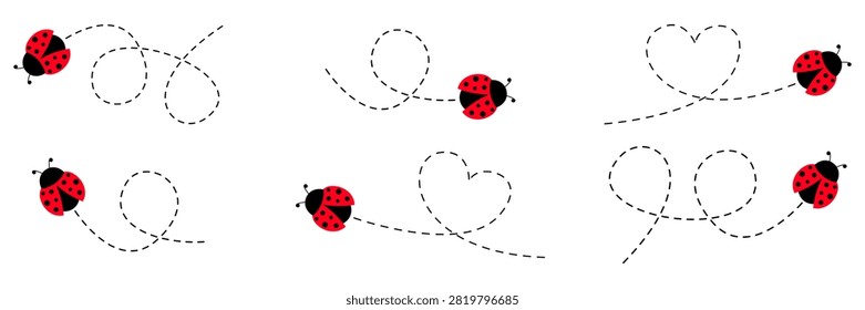 Red ladybug beetle set in flat style. Adorable insect character with dotted path collection. Vector illustration isolated on white.