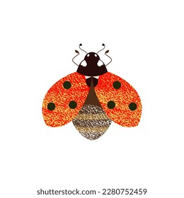 Red ladybug beetly with open wings in flight. Cute vector illustration  symbol in decorative style with artistic textures on white isolated background. 