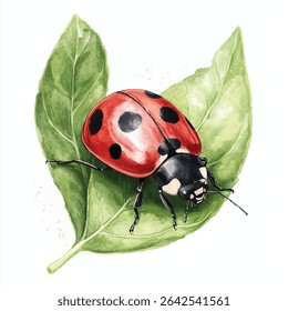 A red ladybug with black spots sits atop a textured green leaf, rendered in a watercolor style with visible brushstrokes and soft shading.