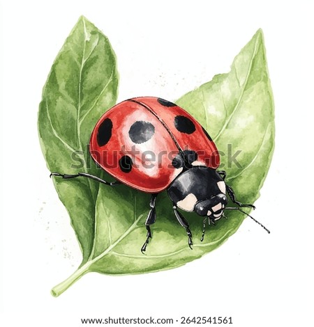 A red ladybug with black spots sits atop a textured green leaf, rendered in a watercolor style with visible brushstrokes and soft shading.