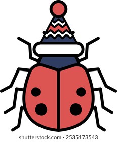 A red ladybug with a hat on its head. The hat is blue and white. The ladybug is wearing a hat, which is a fun and whimsical idea