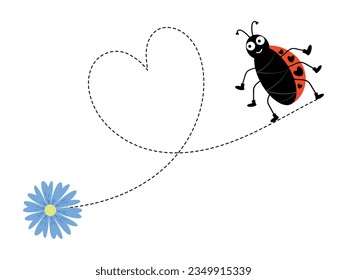 Mariquita roja con corazón y flor. Ilustración vectorial plana