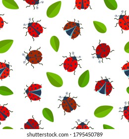 Red ladybug and leaves pattern, details in gray blue flat vector illustration over white background, seamless pattern.
