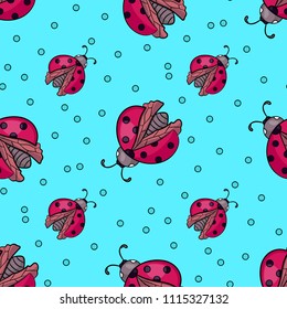 Red ladybug on blue background.Cute cartoon insect.Seamless pattern.Vector illustration for children.Print for cards,fabrics,textiles,Wallpaper, gift wrapping paper.