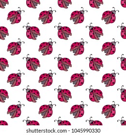 Red ladybug on white background.Cute cartoon insect.Seamless pattern.Vector illustration for children.Print for cards,fabrics,textiles,Wallpaper, gift wrapping paper.