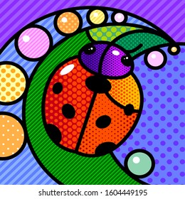 red ladybug pop art colourful modern illustration for your design. cute insect ladybird on green leaf eps 10