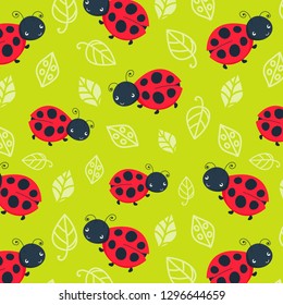 Red ladybug seamless pattern. Happy animal. Vector illustration, cartoon baby style.