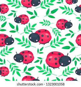 Red ladybug seamless pattern. Happy animal. Vector illustration, cartoon baby style.
