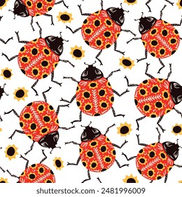 Red Ladybug Seamless Pattern. Vector Illustration of The Insect. Natural Decor Animal. Sunflower Texture.