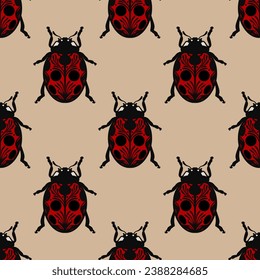 Red ladybug seamless repeat pattern, insect illustration repeating background decorated beetle