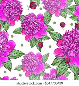 Red ladybug.Pink peony.Bright Seamless pattern with beautiful realistic flowers on a white background.Green leaves.Vector illustration.Can be used for print  textile,fabric,wrapping paper,scrapbooking