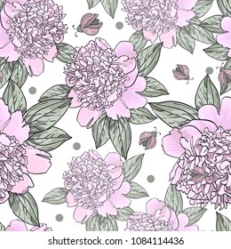 Red ladybug.Pink peony.Seamless pattern with beautiful realistic flowers on a white background.Vintage vector illustration for print, textile,fabric,wrapping paper,scrapbooking.