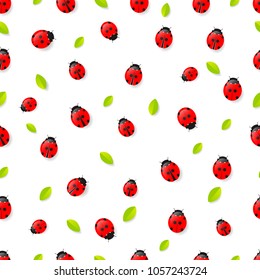 Red Ladybugs and leaves seamless pattern isolated on white background. Vector illustration