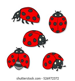 rote Ladybugs und Linien-Cartoon einzeln auf Weiß