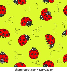 red Ladybugs and lines cartoon seamless pattern on a green background