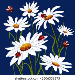 Red ladybugs on daisies.Vector illustration with daisies and ladybugs on a colored background.