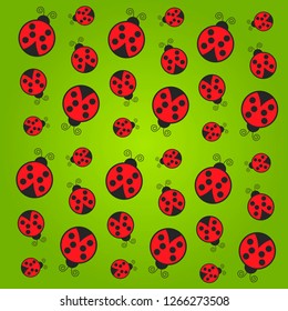 red ladybugs on a green background. Bright background for your design, advertising, web.