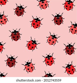 Red ladybugs on a pink background. Repeating texture. Trendy hand drawn red ladybugs  vector pattern for stationery, cards, wallpapers, web and wrapping paper. Cute and amazing ladybugs. 