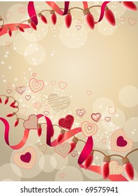 Red lamp festive garland with hearts on light background