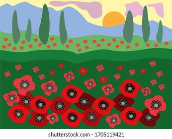 Red landscape poppy field mountain. Beautiful poppy field on a background of mountains at sunset, green cypress or thuja on a background of mountains, alpine meadows and freshness green grass