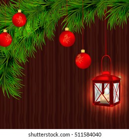 Red lantern with candle, Christmas tree branches, twigs, red Christmas balls and brown wood background.  Vector illustration.