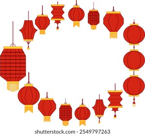 red  lantern CNY background oval frame. vector graphic template for your text
