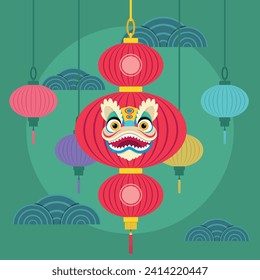 Red lantern with dragon vector illustration. Traditional Chinese lanterns hanging on background. Chinese New Year, celebration, culture and traditions concept
