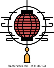 A red lantern with a gold tassel hanging from it. The lantern is hanging from a metal frame