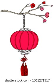 Red lantern hanging on a branch of blossoming sakura with flowers. Hand drawn vector sketch illustration.
