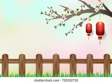 Red Lantern hanging on branch of Cherry blossom. nature background, paper cut, paper art illustration