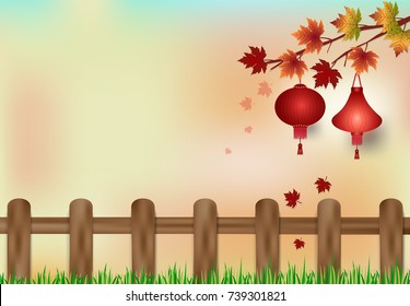 Red lantern hanging on branch. Autumn background, paper cut, paper art illustration